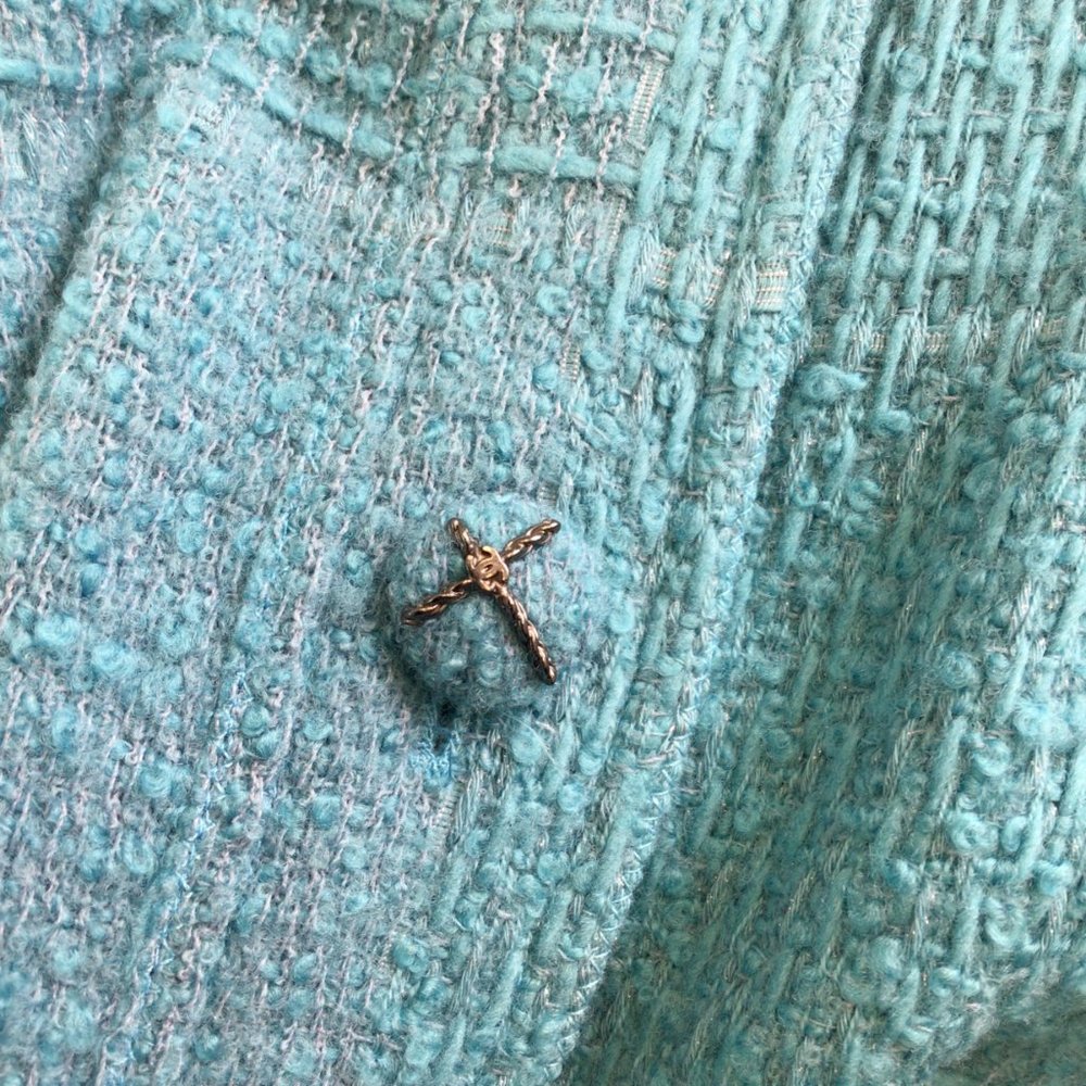 CHANEL TEAL SHORT SLEEVED BELTED WOOL TWEED DRESS - Picture 5 of 6